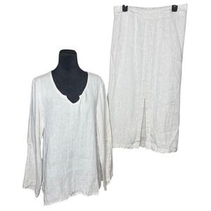 Flax Linen 2 Pcs Set Womens Sz S Oatmeal Tunic Top‎ Midi Skirt Lagenlook Coastal